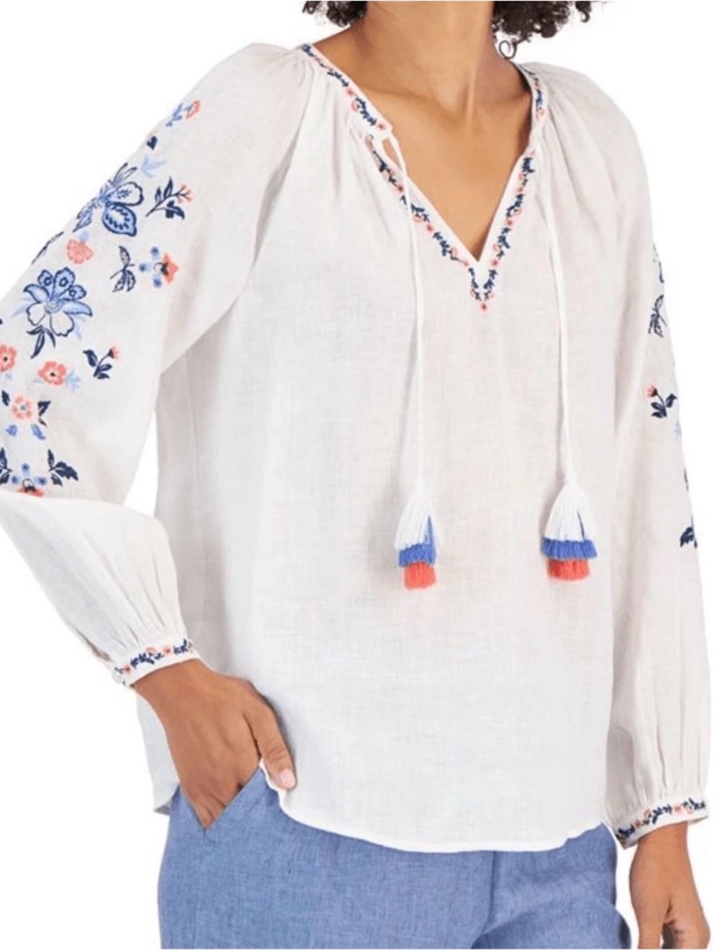 Charter Club White Embroidered Tassel Peasant Blouse, size XS
